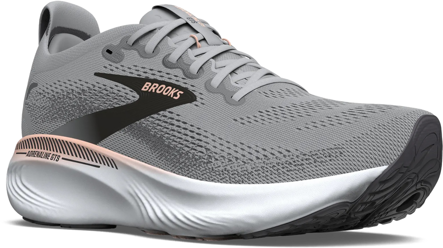 Quarter turn view Women's Brooks Footwear style name Adrenaline GTS 25 Wide in color GR/BKP/COR. Sku: 120443-1D032