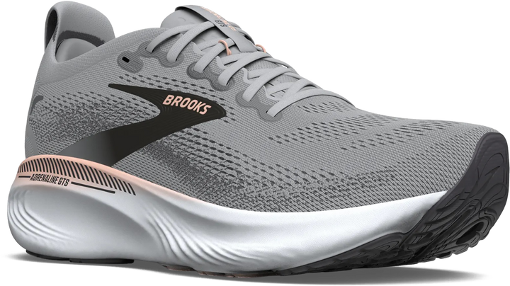 Quarter turn view Women's Brooks Footwear style name Adrenaline GTS 25 Narrow in color GR/BKP/COR. Sku: 120443-2A032
