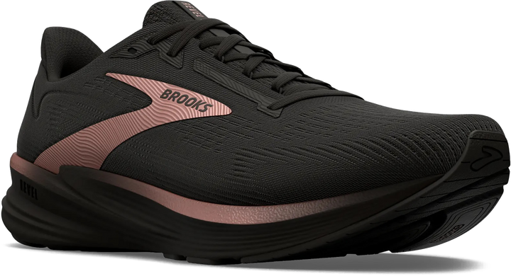 Quarter turn view Women's Brooks Footwear style name Revel 8 Medium in color BK/BK/RSGO. Sku: 120456-1B043