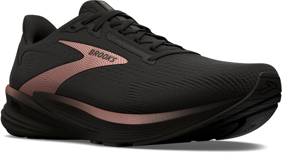 Quarter turn view Women's Brooks Footwear style name Revel 8 Medium in color BK/BK/RSGO. Sku: 120456-1B043
