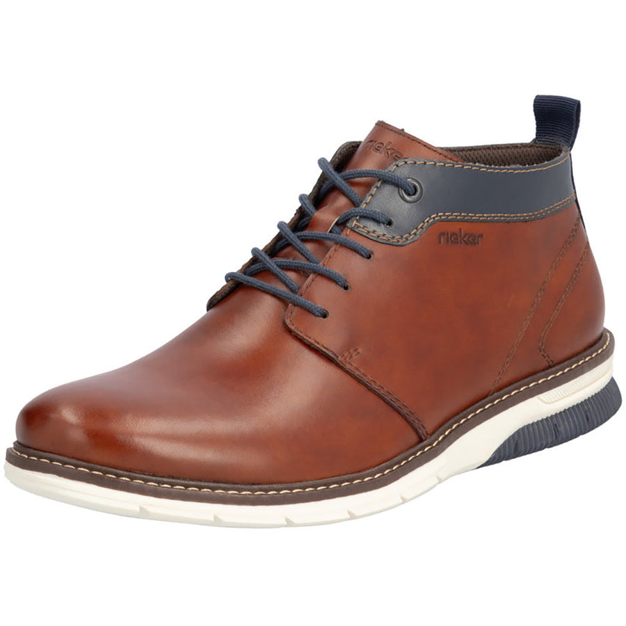 Quarter turn view Men's Rieker Footwear style name Dustin 17 in color Peanut/ Pazifik. Sku: 14417-24