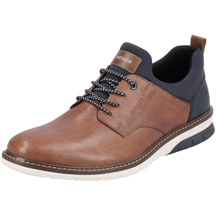 Quarter turn view Men's Rieker Footwear style name Dustin 54 in color Nussbraun/ Lake/ Navy/ Amare. Sku: 14454-22