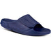 Quarter turn view Unisex Oofos Footwear style name Ooahh Sport Flex Slide in color Navy. Sku: 1550NAVY