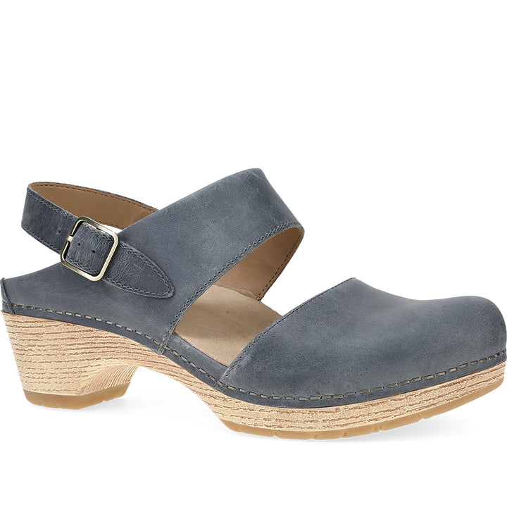 Quarter turn Women's Dansko Footwear style name Lucia in color Denim Oiled Pull Up. Sku: 2218721400