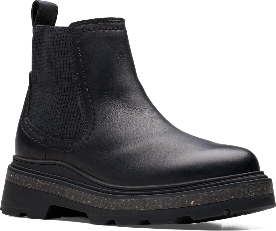 Quarter turn view Women's Clarks Footwear style name Hencroft Step Waterproof Wide in color BLK LEA. Sku: 26179951W