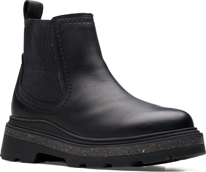 Quarter turn view Women's Clarks Footwear style name Hencroft Step Waterproof in color BLK LEA. Sku: 26179951