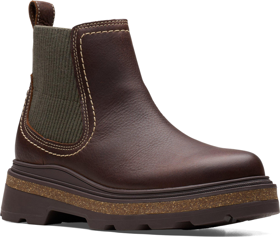 Quarter turn view Women's Clarks Footwear style name Hencroft Step Waterproof in color BROWN LEA. Sku: 26179952
