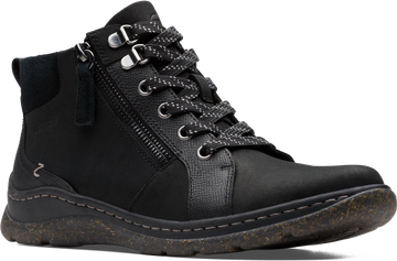 Quarter turn view Women's Clarks Footwear style name Orlene Top Waterproof in color BLK LEA. Sku: 26182991