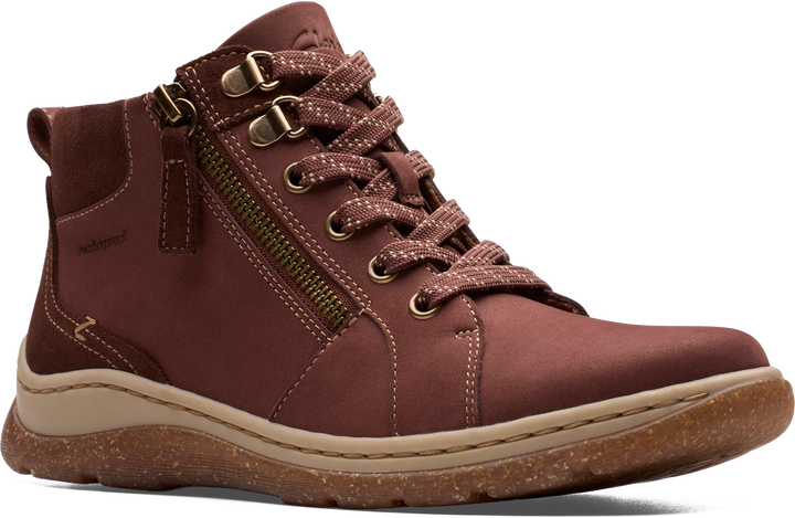 Quarter turn view Women's Clarks Footwear style name Orlene Top Waterproof Wide in color BRT TAN NB. Sku: 26182992W