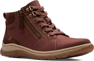 Quarter turn view Women's Clarks Footwear style name Orlene Top Waterproof Wide in color BRT TAN NB. Sku: 26182992W