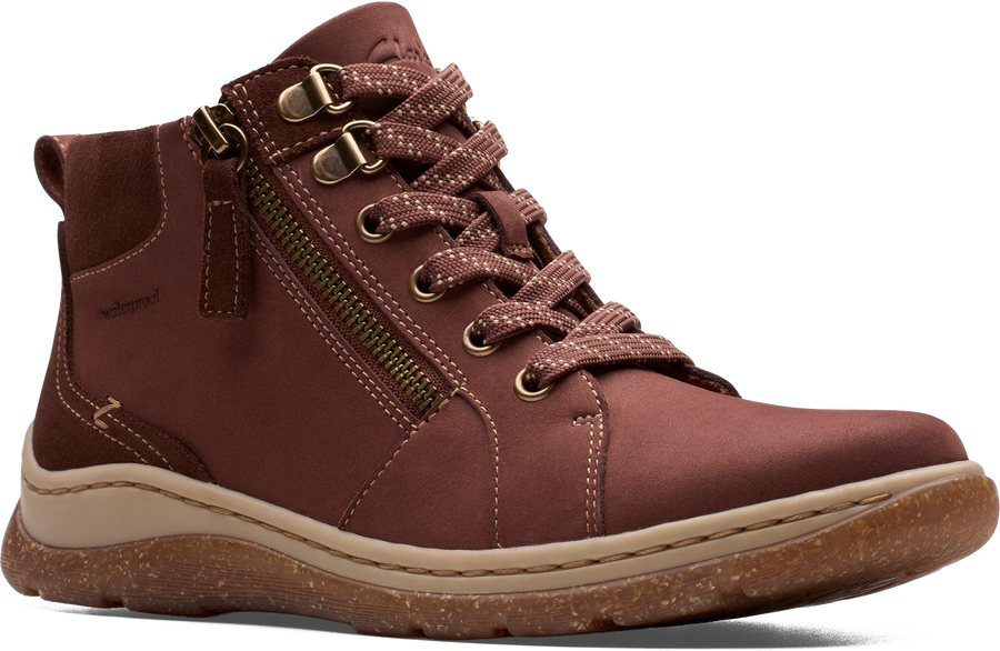 Quarter turn view Women's Clarks Footwear style name Orlene Top Waterproof in color BRT TAN NB. Sku: 26182992