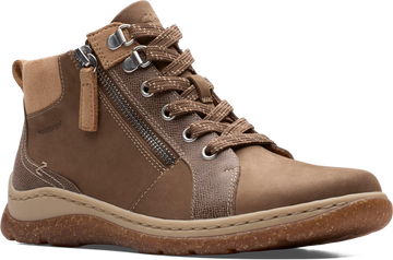 Quarter turn view Women's Clarks Footwear style name Orlene Top Waterproof in color DK SND NB. Sku: 26182993