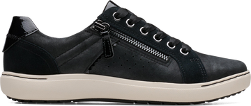 Quarter turn view Women's Clarks Footwear style name Nalle Zen Wide in color BLK INTRST. Sku: 26183115W