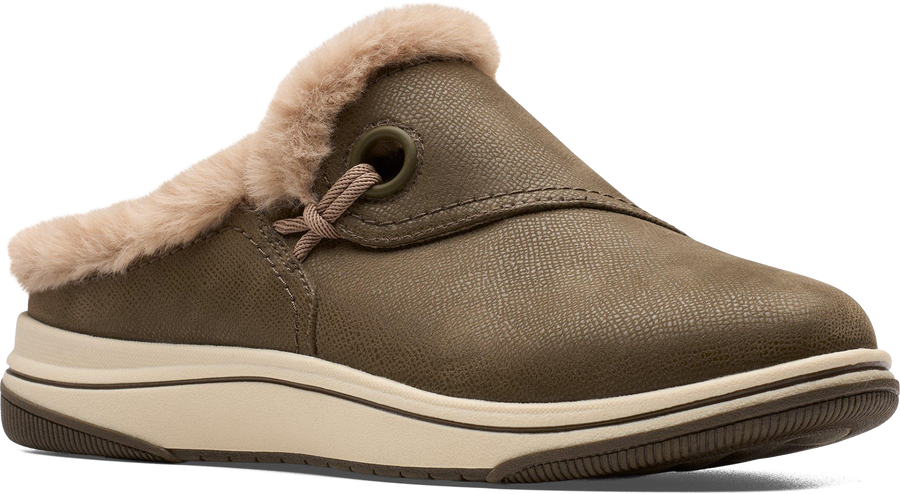 Quarter turn view Women's Clarks Footwear style name Breeze Myth Wide in color DK OLIVE. Sku: 26184187W