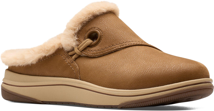 Quarter turn view Women's Clarks Footwear style name Breeze Myth Wide in color DARK TAN. Sku: 26184188W