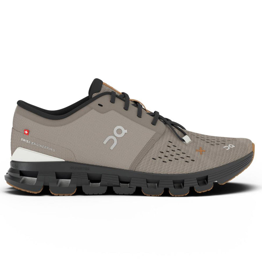 Quarter turn view Men's On Running Footwear style name Cloud X 4 in color Fog/ Black. Sku: 3ME30042532