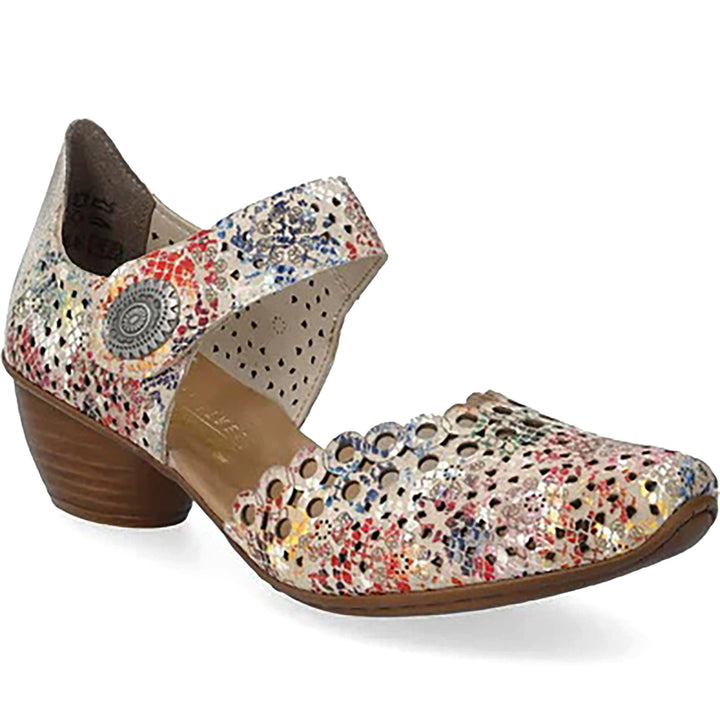 Quarter turn Women's Rieker Footwear style name Mirjam 53 in color Beige-Multi/ Muschel/ Rene/ Alula. Sku: 43753-91