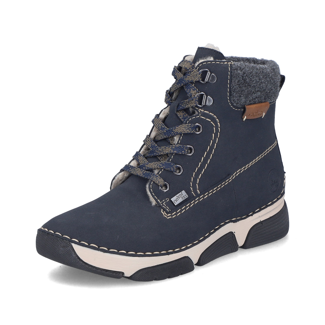 A navy blue lace-up ankle boot with a gray faux-fur collar, beige contrast stitching, and a beige and black sole, shown on a white background.