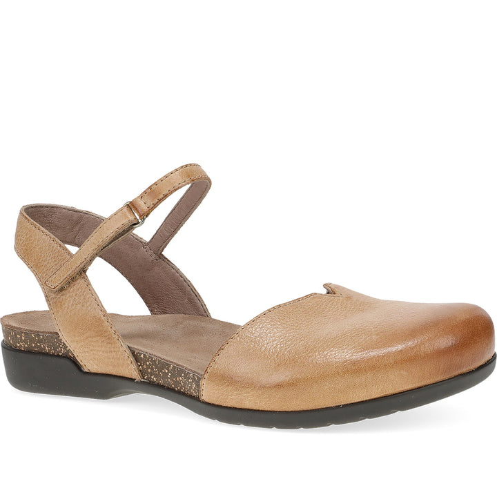 Quarter turn Women's Dansko Footwear style name Rowan in color Honey Distressed. Sku: 6025585300