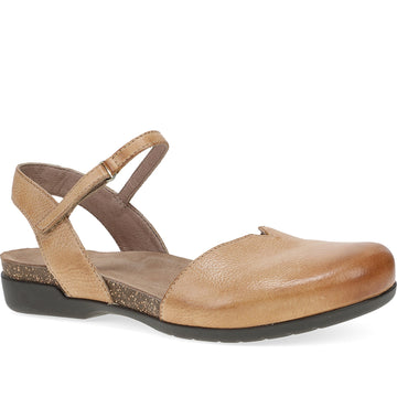 Quarter turn Women's Dansko Footwear style name Rowan in color Honey Distressed. Sku: 6025585300