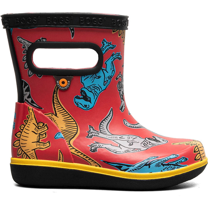 Quarter turn view Kid's Bogs Footwear style name Skipper II Super Dino in color Red Multi. Sku: 73177I-640