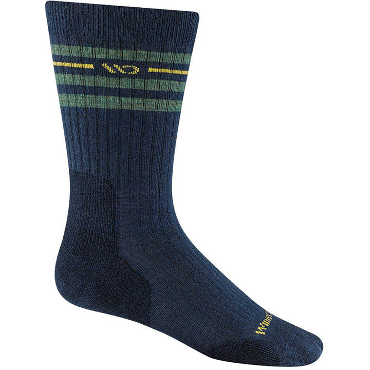 Quarter turn view Men's Wide Open Sock style name Vintage Stripe Cushion Crew in color Denim    . Sku: 9002-DENIM