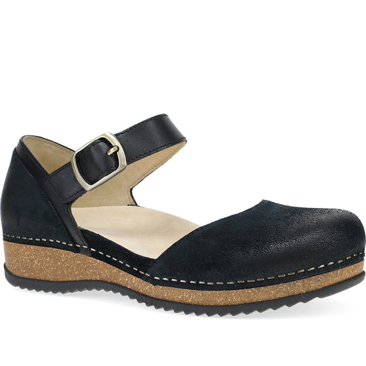 Quarter turn Women's Dansko Footwear style name Mae in color Black Burnished Suede. Sku: 9613100200