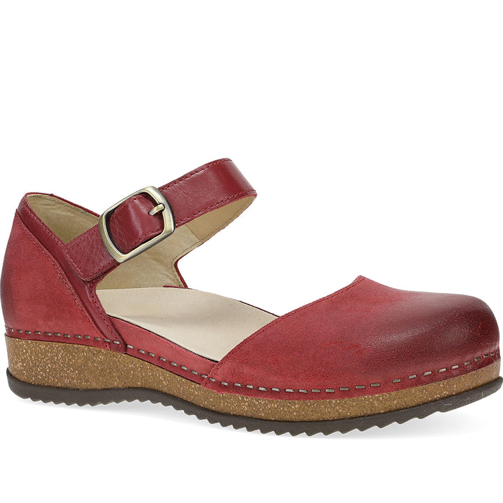 Quarter turn Women's Dansko Footwear style name Mae in color Red Burnished Suede. Sku: 9613405300