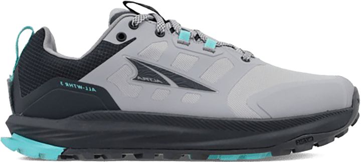 Quarter turn view Women's Altra Footwear style name Lone Peak 9 Waterproof Low in color BLK/GRY. Sku: AL0A85PV-020