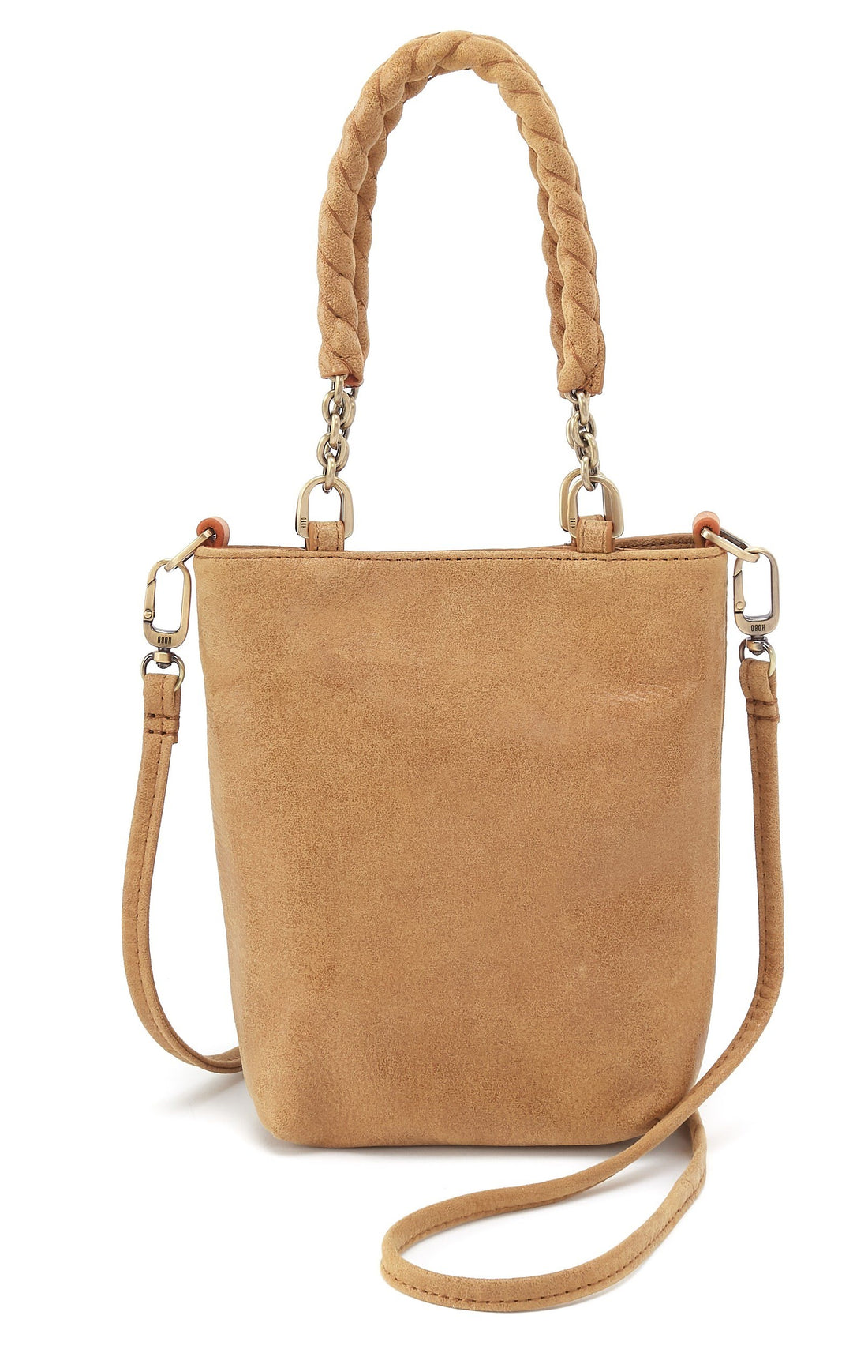 Tan handbag with a braided handle on a white background