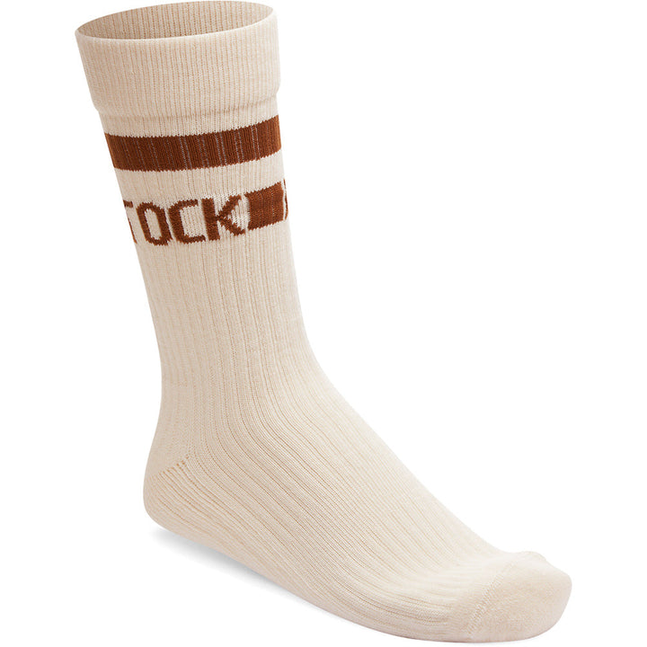 Quarter turn view Women's Birkenstock Sock style name Cotton Crew Stripe in color Eggshell. Sku: BK1026209