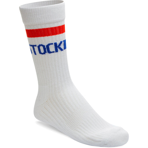 Quarter turn view Women's Birkenstock Sock style name Cotton Crew Stripe in color White. Sku: BK1026271