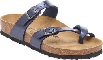 Quarter turn view Women's Birkenstock Footwear style name Mayari Birko Flor Regular in color GR MIDNT B. Sku: BK1030354