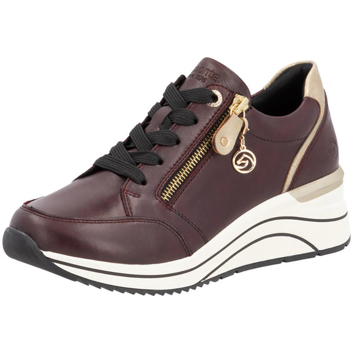 Quarter turn view Women's Remonte Footwear style name Eleni 03 in color Cerise/ Ginger Gold. Sku: D0T03-35