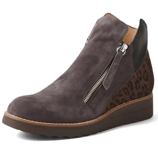 Quarter turn view Women's Django & Juliette Footwear style name Ossha in color Grey Suede. Sku: DJ19016EQZHG