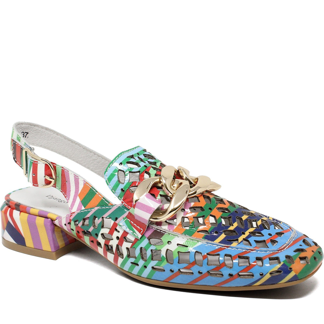 A multicolored flat shoe with a chain link embellishment and striped patterns.