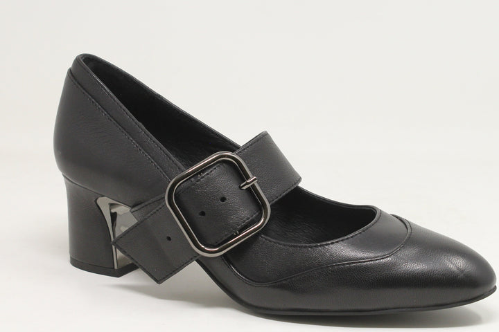Black leather shoe with a buckle on a white background
