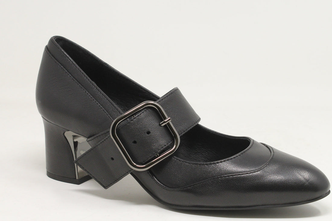 Black leather shoe with a buckle on a white background