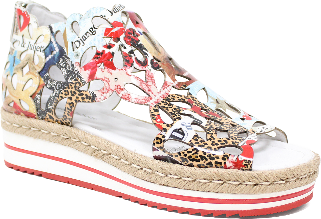 Multicolored floral and animal print sandal with a thick sole on a white background