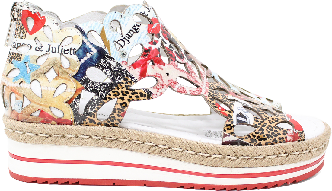 Colorful sandal with animal print patterns on a white background