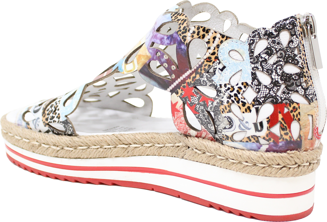 Multicolored wedge sandal with a patterned sole on a white background