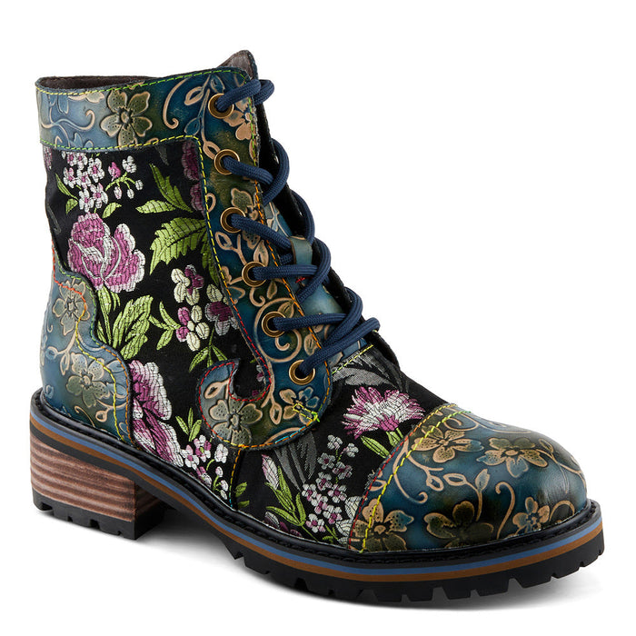 Quarter turn view Women's L'Artiste Footwear style name Fantastic in color Blue Multi. Sku: FANTASTIC-BLUM