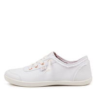 A white canvas low-top sneaker with white laces, rose gold eyelets, and a frayed detail on the side, shown against a plain white background.
