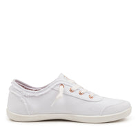 A white low-top canvas sneaker with distressed detailing on the sides, white laces, and rose gold metal eyelets, shown in a side profile on a white background.
