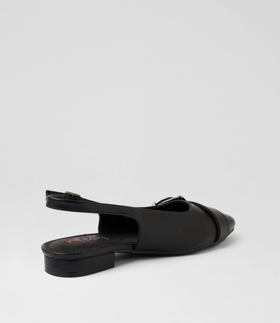 A single black leather slingback sandal with a low block heel and pointed toe, shown from a side-rear angle on a light gray background.