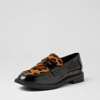A single loafer shoe with a glossy black patent leather upper and a contrasting orange and black leopard print suede vamp, shown on a light gray background.