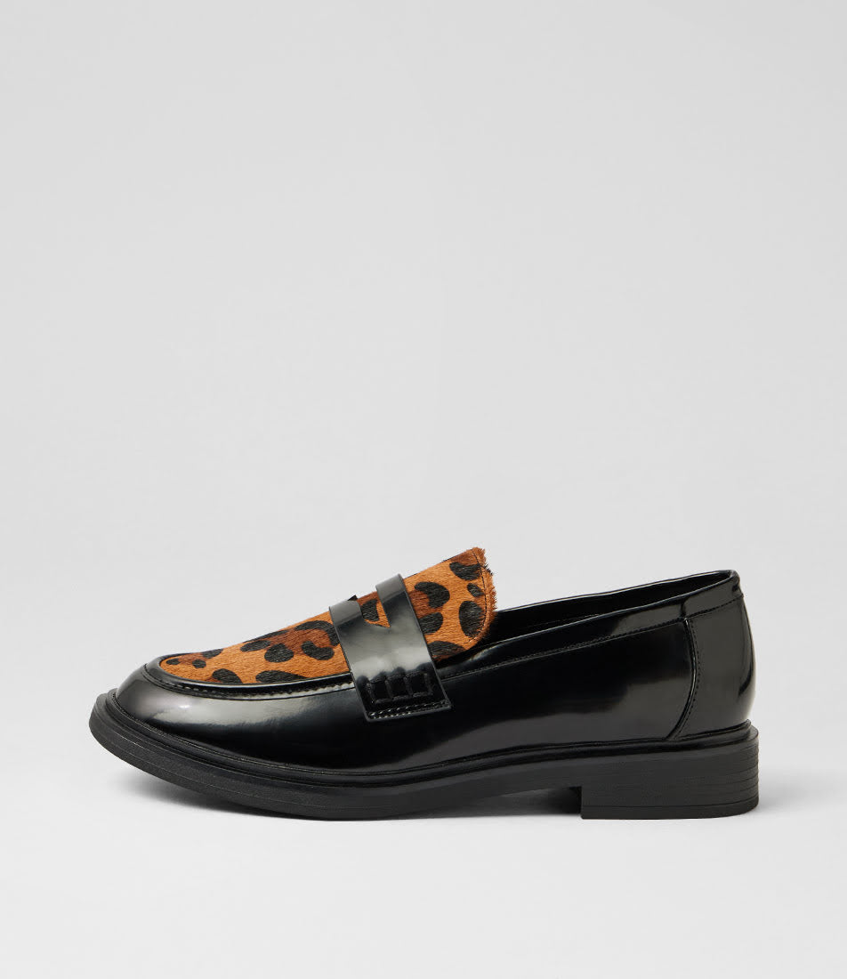 A single black leather loafer with a leopard-print suede vamp, shown in profile against a light gray background.