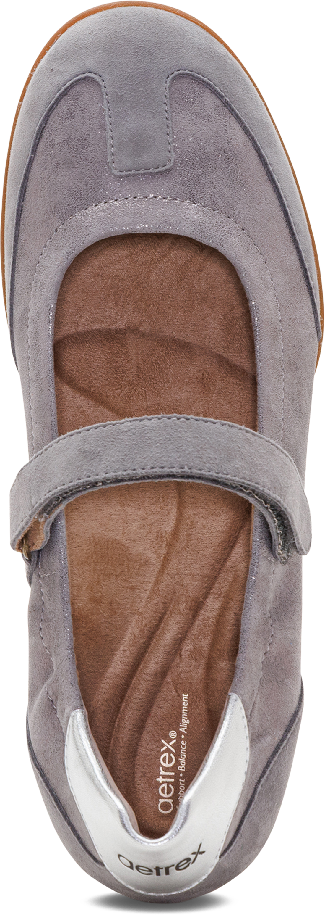 A single gray suede Mary Jane shoe shown from a top-down angle, featuring a hook-and-loop strap and a brown contoured footbed. The brand name &