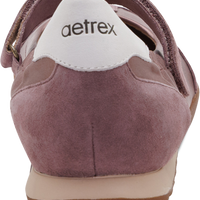 A close-up rear view of a single Aetrex shoe in dusty mauve suede with a white heel tab and a beige midsole, shown on a white background.