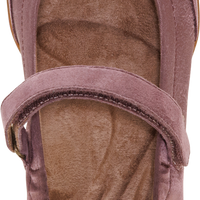 A single ballet flat shoe in dusty mauve suede with a brown contoured footbed and a white heel insert. The brand name 'netfex' is visible on the heel insert.